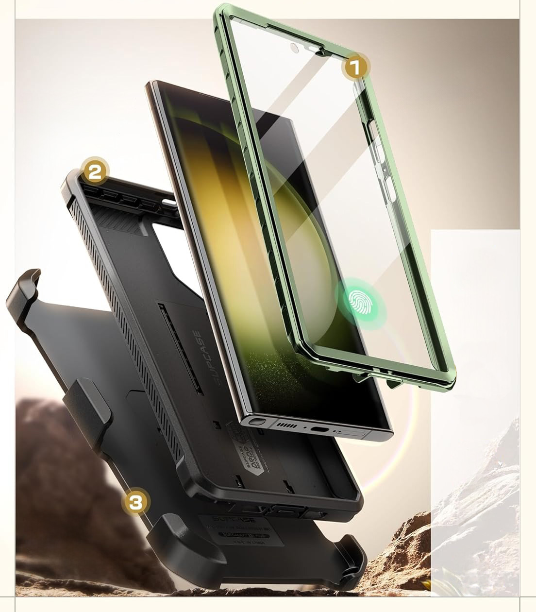 Etui pancerne z osłoną na ekran, z wbudowaną podstawką i kaburą z klipsem obrotowym Supcase Unicorn Beetle Pro do Galaxy S24 Ultra, zielone